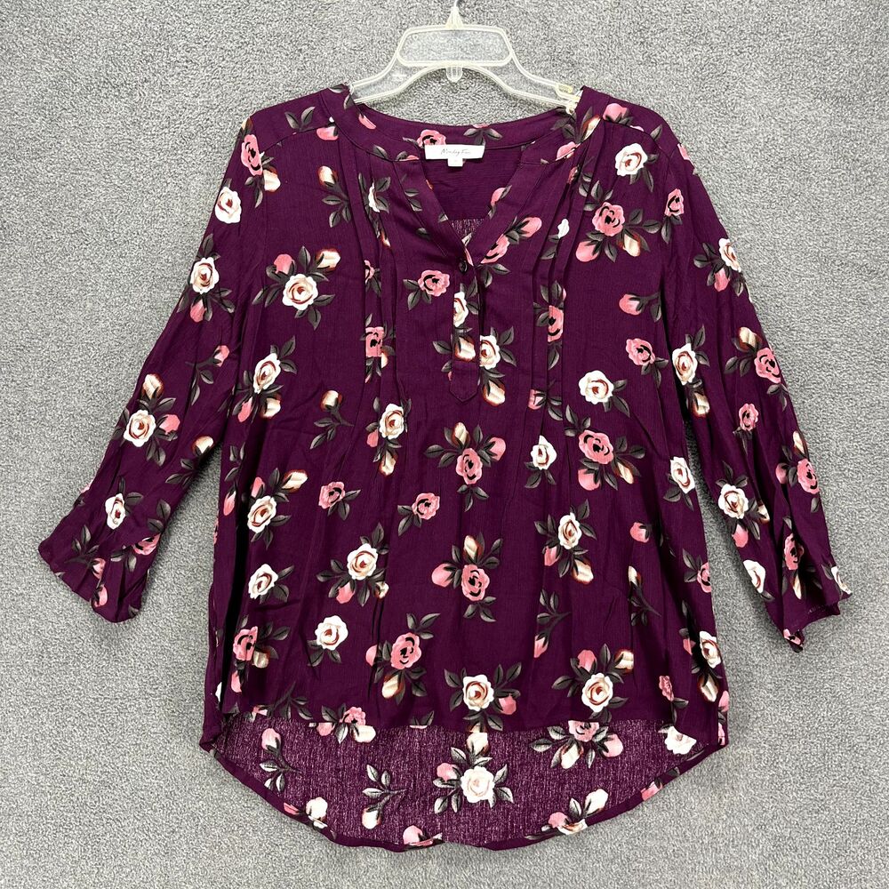 Monday Fun‎ Top Womens Medium Purple Floral Henley V Neck Blouse